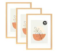 KAIWIN Lot de 3 cadres photo en chêne A3 - 21 x 30 cm (A4) avec passe-partout - Cadre photo avec verre acrylique à suspendre - Pour photos, posters, puzzles - Cadre pour affiche