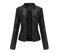 Kaiyei Femme Blouson Faux Cuir PU Slim Fit Fine Col Montant Printemps Automne Manche Longue Élégant Veste Courte Blouson Biker à Fermeture Noir 2XL