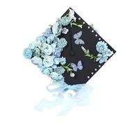 KAIYUEMAOYI Toque de Remise de Diplôme Ornée de Fleurs Artificielles Décoratives, D'autocollants Papillons et D'un Kit D'accessoires à Faire Soi-même, Bleu