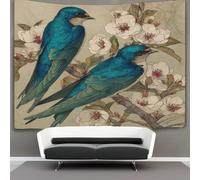 kaiyun 100cmx150cm Tapisserie Hirondelle bleue sur une branche de cerisier en fleurs Tenture Murale D'impression 3D Décoration Murale Pour Chambre Dortoir Fête