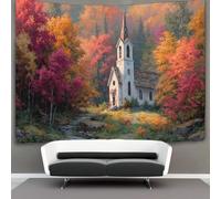 kaiyun 100cmx150cm Tapisserie Une église quaker paisible au milieu des feuillages de la Nouvelle-Angleterre Tenture Murale D'impression 3D Décoration Murale Pour Chambre Dortoir Fête
