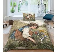 kaiyun A 19th-Century Girl Picking A Bouquet of Wildflowers in A Meadow Housse De Couette Ado Adulte avec Taie d'oreiller,3 Pièces Parure De Lit en Microfibre 3D Imprimé Motif Single(135x200cm)