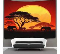 kaiyun Arrière-plan africain Tapisserie Pour Décoration Murale, Tapisserie Pour Chambre À Coucher, Coucher de soleil Arbres Éléphants Tapisseries Tentures Murales Pour Salon 150cmx200cm