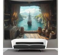 kaiyun Bateau pirate Tapisserie Chambre Esthétique - Murale Indépendante Décoration De Salle Couvre-lit Océan And Wood Ambience Tenture Murale, Art Mural 180cmx230cm