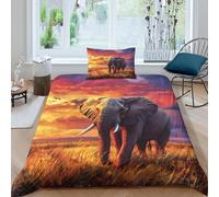 kaiyun Beautiful Colorful Coucher de Soleil Set Housse De Couette Literie Housse en Microfibre De Couette avec Taies d'oreiller, Éléphants on The Savannah Impression 3D Single（135x200cm）