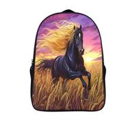 kaiyun Beautiful Golden Noir Cheval Décontractée Sac À Dos Enfants Cartables Coucher de soleil sur un champ de blé Fille Garçons Sac D'école Pour Scolaire Ou Voyage 16 inch