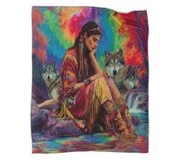 kaiyun Beautiful Indian Girl with A Wolf, Rainbow Tie-Dye Pattern Couverture Super Douce,légère,Chaude Et pour Canapé De Voyage,60x80inch(150x200cm)