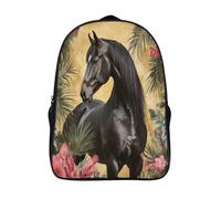 kaiyun Beautiful Noir Cheval Sacs À Dos Pour Étudiant,Mignonne Exotic Fleurs And Leaves Décontracté Pour Garçons Filles Cartable Scolaire 16 inch