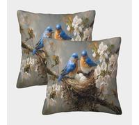 kaiyun Blue and Orange Oiseau, Oiseau's Nest, Cherry Blossom Tree Housse De Coussin 40x40cm Paquet De 2 Taies d'oreiller Décorative Adaptée Au Lit,Voiture,canapé,Jardin