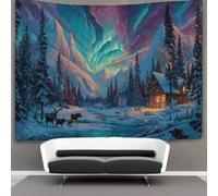 kaiyun Cabane de montagne enneigée Tapisserie,Aurores boréales Décoration Murale En Tissu Pour La Chambre À Coucher Le Salon Le Dortoir,130cmx150cm