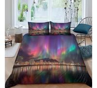 kaiyun Cité Arc-en-Ciel Parure De Lit Housse De Couette 3 Pièces avec Taies d'oreiller Aurores boréales in The Sky 3D Motif, Literie en Microfibre,pour Adultes Et Enfants King（220x240cm）