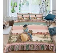 kaiyun Cowgirl à Chevaucher Set Housse De Couette Literie Housse en Microfibre De Couette avec Taies d'oreiller, Paysage désertique Occidental Impression 3D Single（135x200cm）