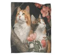 kaiyun Deux Chats Fleurs de pêcher Roses et Feuilles Vertes Imprimée Moelleuse,Douce Et Confortable Couverture en Peluche Adaptée Au Canapé-lit 80x90inch(200x230cm)
