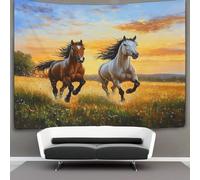 kaiyun Deux chevaux au galop Tapisserie Murale À Suspendre, Orange Soleilset And Blue Sky Pour Décoration De Chambre À Coucher,fête D'anniversaire Ou Toile De Fond De Jardin 100cmx150cm