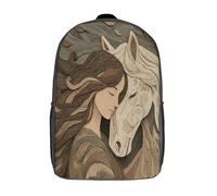 kaiyun Femme tenant un cheval Sacs À Dos,imprim É 3D Cartable Illustration style gravure sur bois Sac Mode Pour Maternelle Ou Primaire 17inch