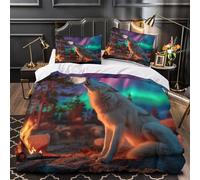 kaiyun Feu de Joie, Loup Blanc criant Literie Parure De Lit en en Microfibre avec Housse De Couette en 3D Aurores boréales and FullLune Imprimé 3 Pièces avec Super King（260x220cm）