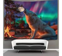 kaiyun Feu de joie, loup blanc hurlant Tapisserie Murale Aurores boréales And Full Moon Tentures Murales Pour Salon Tenture Murale Décorative Pour Chambre 70cmx100cm