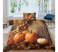 kaiyun Feuilles d'automne avec citrouilles et Foin pour Adultes Et Enfants Parure De Lit,3D Imprimé,Housse De Couette 3 Pièces +Taies D'Oreillers Single（135x200cm）