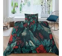 kaiyun Fleurs et Feuilles Vintage avec Un Loup Vert foncé Ensemble De Literie Trois Pièces Imprimés en 3D, Housse De Couette + Taies d'oreiller pour Adultes Enfants Single（135x200cm）