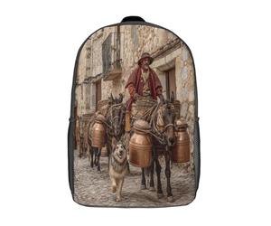 kaiyun Homme montant une mule en direction d'une ville médiévale Sacs À Dos,imprim É 3D Cartable Sac Mode Pour Maternelle Ou Primaire 17inch