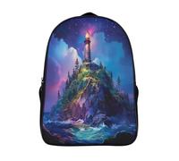 kaiyun Immense île rocheuse Cartable Beautiful Starry Night Médiéval Phare Imprimé 3D Sac À Dos Pour Ordinateur Portable Unisexe Pour Enfants/étudiants/Adultes 16 inch