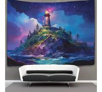 kaiyun Immense île rocheuse Tapisserie Beautiful Starry Night Medieval Phare 3D Tenture Murales Décorations Pour La Maison Pour La Chambre 100cmx150cm