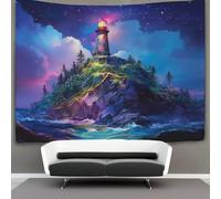 kaiyun Immense île rocheuse Tapisserie,Beautiful Starry Night Medieval Phare À Suspendre Au Mur,Décoration Murale Pour Chambre Dortoir Fête 70cmx100cm