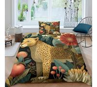 kaiyun Léopard Parure De Lit avec Taie d'oreiller 3D en Microfibre Housse De Couette Parure De Lit Jungle Feuilles and Exotic Fleurs Motif,pour Adultes Enfants Filles Garçon Single（135x200cm）
