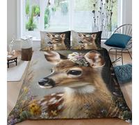kaiyun Literie Double(200x200cm) Faon aux Grands Yeux Portant des Fleurs colorées pour Adultes Et Enfants 3D Imprimé avec Taies d'oreiller Housse De Couette en Microfibre 3 Pièces