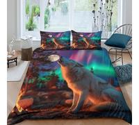 kaiyun Literie King（220x240cm） Feu de Joie, Loup Blanc criant pour Adultes Et Enfants 3D Imprimé Aurores boréales and FullLune avec Taies d'oreiller Housse De Couette en Microfibre 3 Pièces