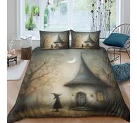 kaiyun Little Witch's Cottage Housse De Couette Ado Adulte avec Taie d'oreiller,3 Pièces Parure De Lit en Microfibre 3D Surrounded by Ancient Trees Imprimé Motif Double(200x200cm)
