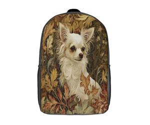kaiyun Longue robe blanche-Chihuahua à poil long entouré de feuilles d'automne Sac À Dos D'école Imprimé 3D Sac À Unisexe Pour Enfants/étudiants/Adultes 17inch