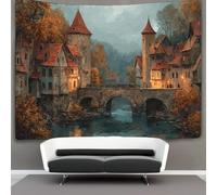 kaiyun Médiéval Town Tenture Murale Tapisserie,Esthétique automnale idyllique Décoration Murale,art Mural Au Plafond 130cmx150cm