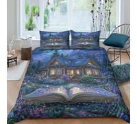 kaiyun Nuit étoilée Housse De Couette Double（200x200cm） Impression 3D De Country House Open Book Fireflies, Parure De Lit Housse pour Adultes Et Enfants