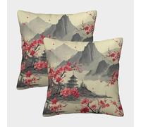 kaiyun Paquet De 2 Housse De Coussin 45x45cm,taie d'oreiller Décorative Fleur de cerisiers,Style de Peinture à l'encre Asiatique,adaptée Au Canapé,au Salon,à La Chambre À Coucher,à L'extérieur