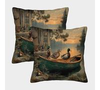 kaiyun Paquet De 2 Housse De Coussin 50x50cm,taie d'oreiller Décorative Chalet au Bord du lac, Canards Sauvages sur Une Vieille Barque,adaptée Au Canapé,au Salon,à La Chambre À Coucher,à L'extérieur
