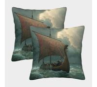 kaiyun Paquet De 2 Housse De Coussin 50x50cm,taie d'oreiller Décorative Drakkars Vikings naviguant sur des Mers déchaînées,adaptée Au Canapé,au Salon,à La Chambre À Coucher,à L'extérieur