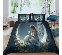 kaiyun Parure De Lit Housse De Couette Motif Beautiful Woman and Her Chat Sitting on The Moon 3D, Imprimé 3 Pièces, Literie en Microfibre pour Enfants King(220x240cm)