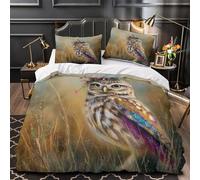 kaiyun Parure De Lit Housse De Couette Motif Chouette Chevêche d'Angleterre 3D, Imprimé Style Peinture à l'huile 3 Pièces, Literie en Microfibre pour Enfants Super King(260x220cm)