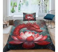 kaiyun Parure De Lit Housse De Couette Motif Dragon Rouge 3D, Imprimé Lotus 3 Pièces, Literie en Microfibre pour Enfants Single（135x200cm）