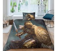 kaiyun Parure De Lit Housse De Couette Motif Guerrier en Armure de plaques dorées, Tenant Une épée et Un Bouclier 3D, Imprimé 3 Pièces, Literie en Microfibre pour Enfants Single（135x200cm）