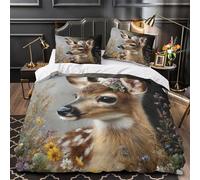 kaiyun Parure De Lit Imprimé Faon aux Grands Yeux Portant des Fleurs colorées, Housse De Couette 3D, avec Taies d'oreiller en Microfibre en Microfibre avec Fermeture Super King(260x220cm)