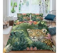 kaiyun Parure De Lit Léopard Motif King（220x240cm） Housse De Couette avec Taies d'oreiller 3D Palm Feuilles and Exotic Fleurs Imprimé Literie en Microfibre,pour Adultes Enfants