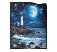 kaiyun Phare sous la Lune Scène côtière Nocturne Imprimée Moelleuse,Douce Et Couverture en Peluche Adaptée Au Canapé-lit 70x80inch(180x200cm)