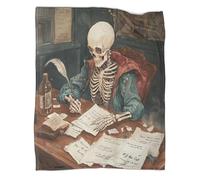 kaiyun Poète Squelette sur Une Vieille Table en Bois Couverture Imprimée Chaude Et Douce pour Camping en Plein Air Plume Vintage Couvre-lit Quatre Saisons pour Chambre À Coucher 50x60inch(127x152cm)