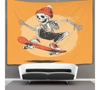 kaiyun Squelette. Wearing An Orange Hat Jumping on A Skateboard Tapisserie, Décoration Murale En Tissu Pour La Chambre À Coucher Le Salon Le Dortoir,70cmx100cm