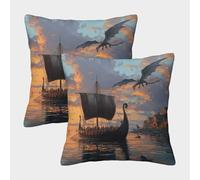 kaiyun Taie d'oreiller Drakkars Vikings naviguant sur Les Mers, Passant Devant des Villages Nordiques,décoration D'intérieur,Oreiller De Canapé Imprimée 45x45cm Paquet De 2