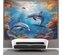 kaiyun Tapisserie Murale Décorative Chambre -Dauphins Playing,150cmx200cm-Coraux colorés dans la mer Papier Peint Tissu - Tapestry Aesthetic Wall - Décoration Panoramique