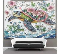 kaiyun Tapisserie Murale Décorative Chambre -Tortue colorée,100cmx150cm-Motif floral Ocean Waves And Récif corallien Papier Peint Tissu - Tapestry Aesthetic Wall - Décoration Panoramique