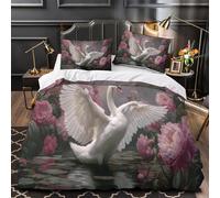 kaiyun Un Cygne Blanc aux Ailes déployées, pivoines Roses Ensemble De Literie Trois Pièces Imprimés en 3D, Housse De Couette + Taies d'oreiller pour Adultes Enfants Super King（260x220cm）